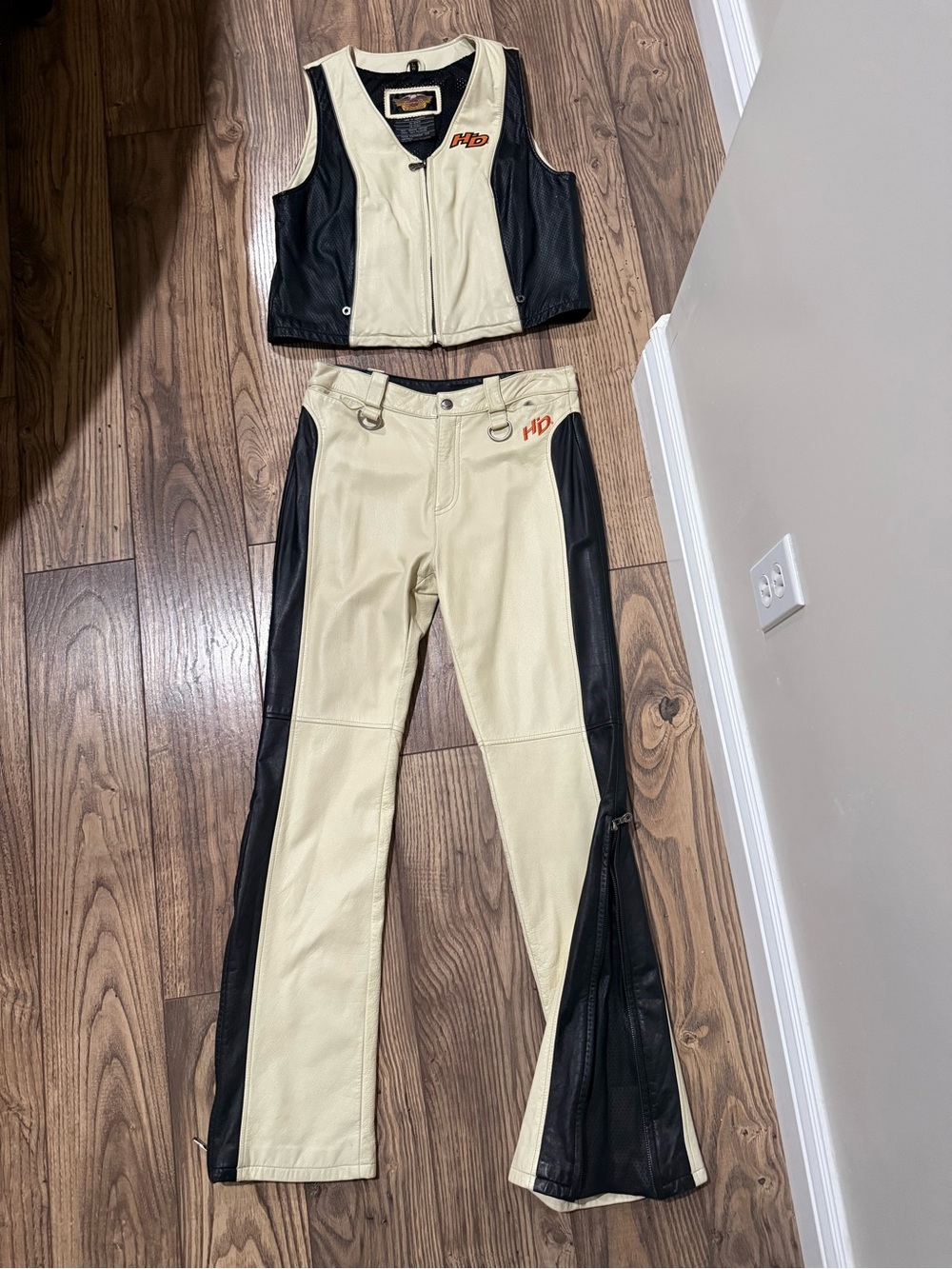 Harley-Davidson Cream and Black Two-Tone Leather Jeans & Vest